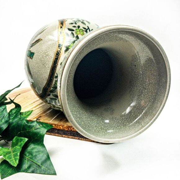 Porcelain Vase Green/Gold Botanical Motif Hand Painted Gilt Accent China - Picture 7 of 13